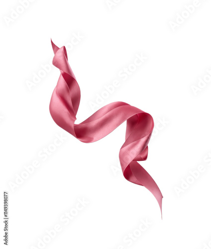 A flowing pink satin ribbon in mid-air, twisted into an elegant curve. Isolated on a white background. Ideal for design, decoration, packaging, and celebratory themes.