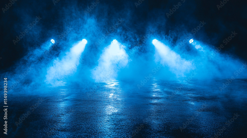 Lighting effects create an atmospheric blue haze on a wet surface in a darkened space during a performance