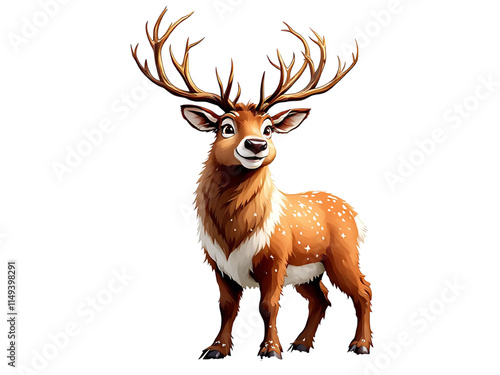 a digital illustration of a reindeer with large antlers. The deer is standing on all fours and is facing towards the right side of the image. It has a brown coat with white spots on its body and legs.