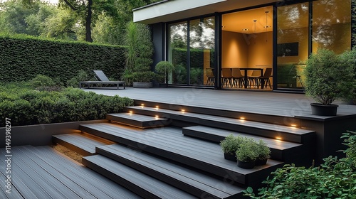 Modern terrace renovation features WPC decking, substructure. Outdoor steps lead to contemporary home with large glass doors. Landscaping includes rich hedges, potted plants. Illuminated steps add