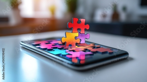 Smart phone with Colorful Holographic Puzzle on white table