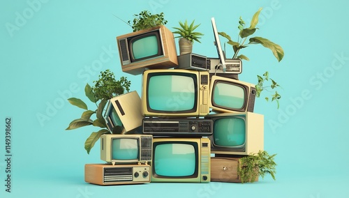 Retro Televisions and Greenery Still Life photo