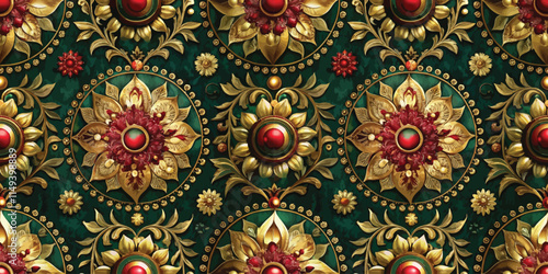 Elegant floral pattern featuring rich colors and intricate gold detailing, perfect for luxury designs.