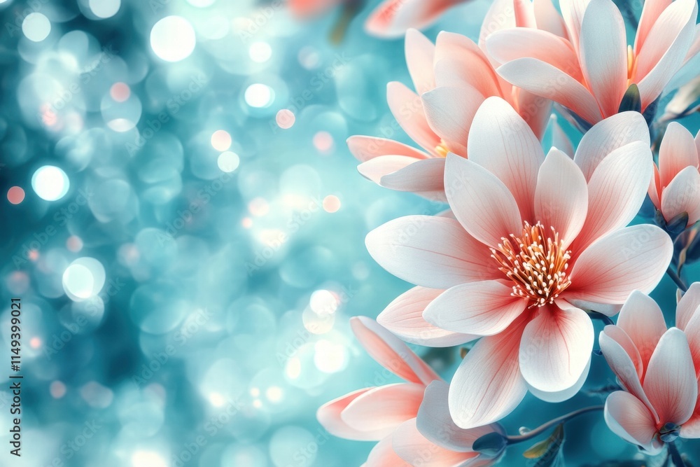 Fototapeta premium Pink Magnolia Blossoms on Teal Background