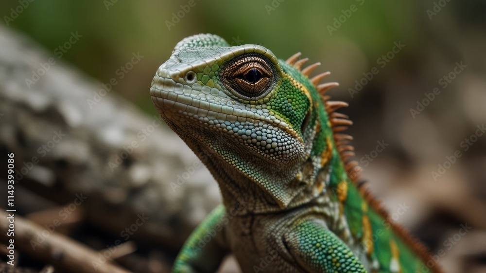 Close-up of a vibrant green lizard on forest floor. Close-up of a vibrant green lizard on forest floor.