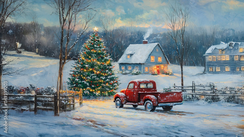 Painting of red truck and a christmas tree. Drawing car fir trees snow sky clouds wooden house. Wooden house with clouds in the sky. The photo is of a red truck in a snowy scene with a lifestyle.