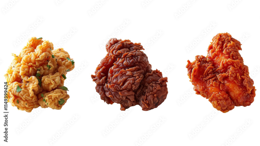 Three pieces of fried chicken in different colors and textures. Three pieces of fried chicken in different colors and textures.