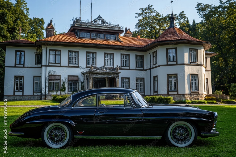 Classic Black Coupe Parked in Front of a Grand Mansion Classic Black Coupe Parked in Front of a Grand Mansion