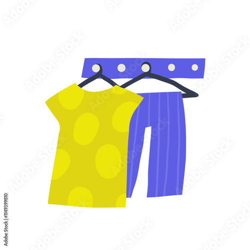 Wardrobe room interior object. Cute hand drawn doodle clothes holder, dress, trousers, fashion clothing, hanger, casual cloth. Modern flat apartment elements