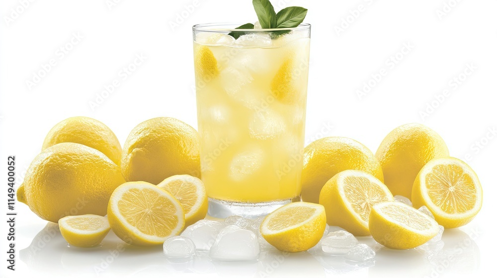 A vibrant glass of yellow lemonade surrounded by whole and sliced lemons, on a plain white background. A vibrant glass of yellow lemonade surrounded by whole and sliced lemons, on a plain white background.