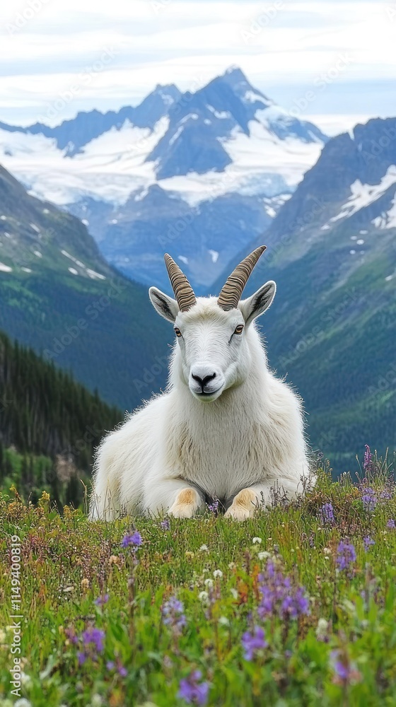 Obraz premium A mountain goat resting in a colorful meadow with a stunning mountainous backdrop.