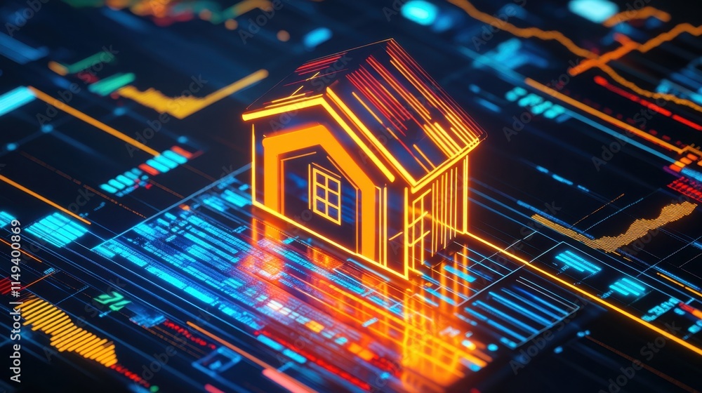 Digital Home Model on Abstract Colorful Data Background Design Digital Home Model on Abstract Colorful Data Background Design