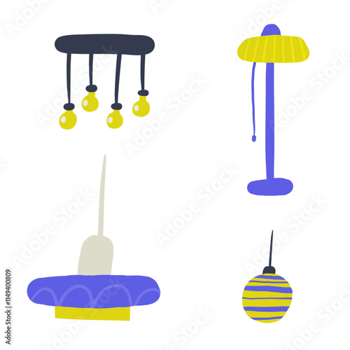 Living room interior objects set. Cute hand drawn doodle house furniture inside items, lamp, ceiling light, electricity, floor lamp, bulb, light. Modern flat apartment elements