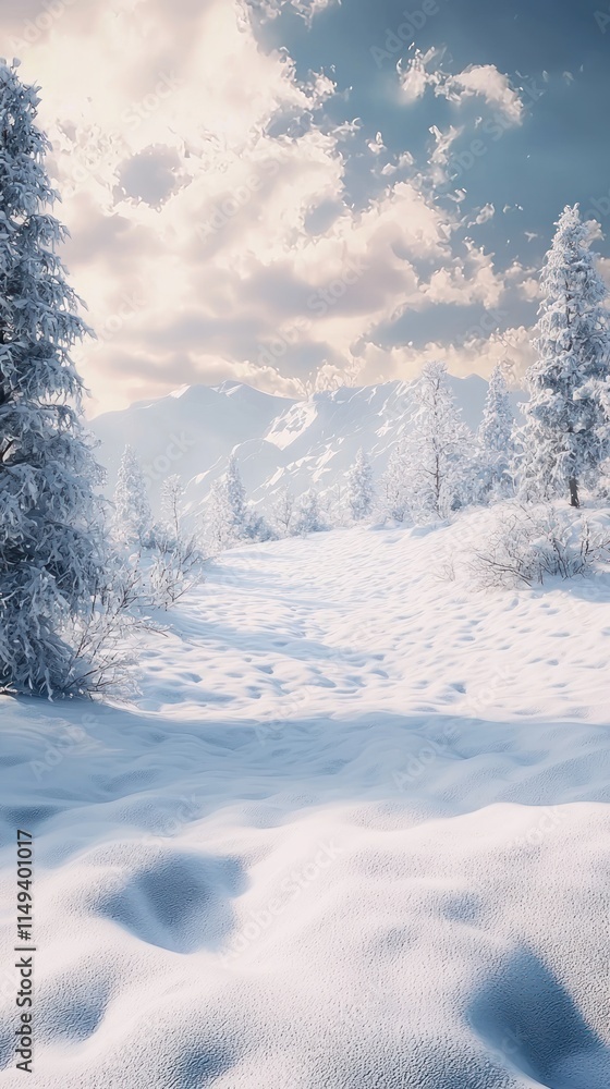 A serene winter meadow blanketed in thick snow. A serene winter meadow blanketed in thick snow.