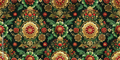 A vibrant floral patterned textile design featuring intricate flowers in red, gold, and green tones.