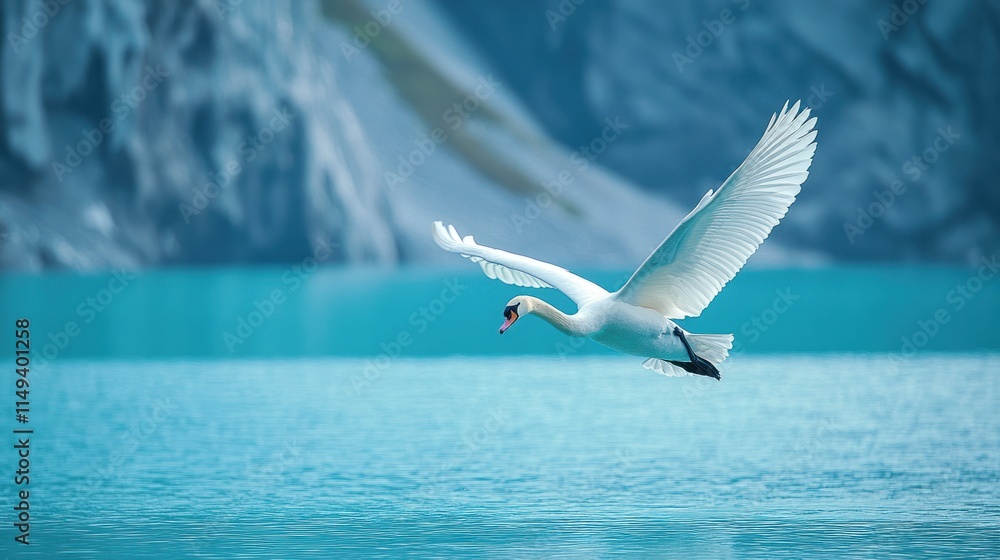 A swan gracefully flying over a serene turquoise lake surrounded by rocky landscapes. A swan gracefully flying over a serene turquoise lake surrounded by rocky landscapes.
