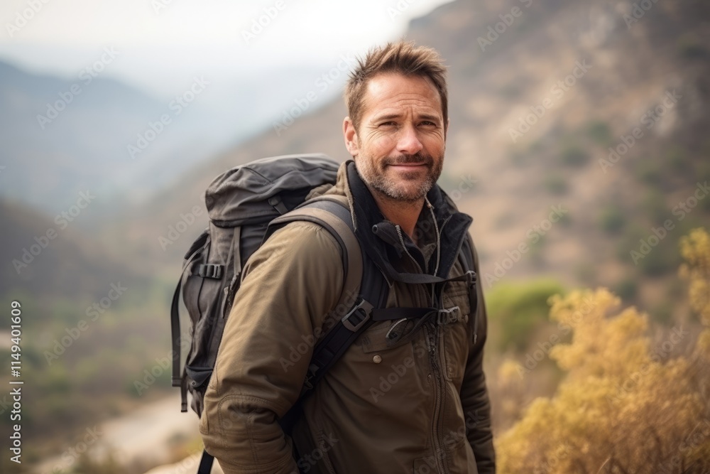 Handsome man with a backpack hiking in the mountains. Outdoor lifestyle portrait. Handsome man with a backpack hiking in the mountains. Outdoor lifestyle portrait.