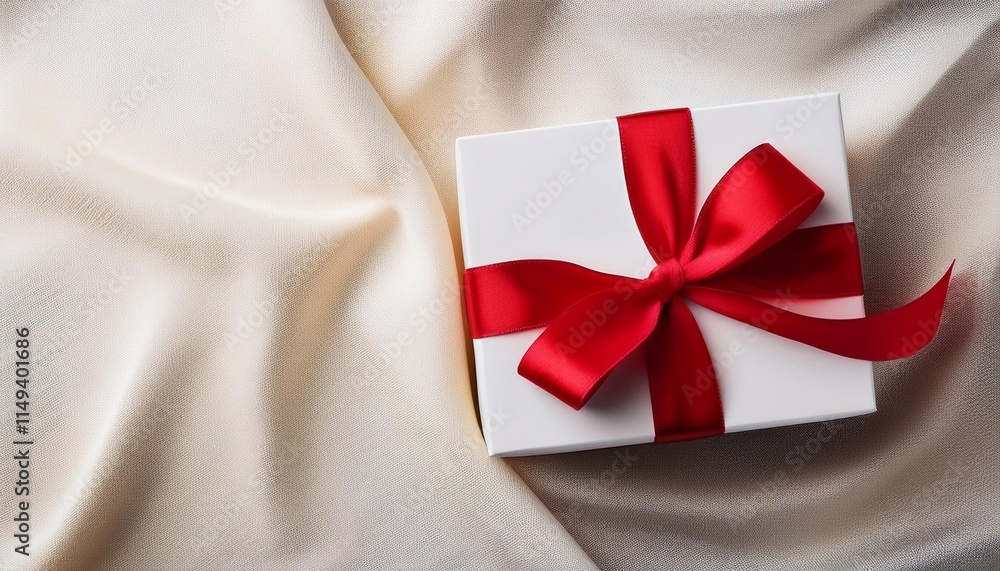 White Gift Box with Red Ribbon on Fabric Background. Top View of Children Day Gifts with Copy Space White Gift Box with Red Ribbon on Fabric Background. Top View of Children Day Gifts with Copy Space