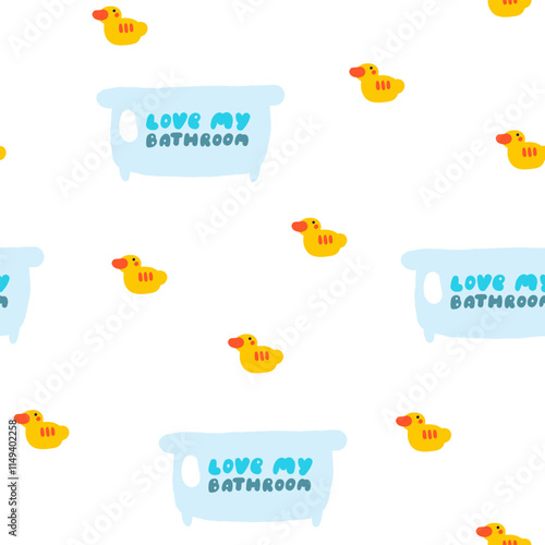 Bathroom interior seamless pattern. Cute hand drawn doodle house furniture inside items repeatable pattern with rubber duck toy, bathroom. Modern restroom background