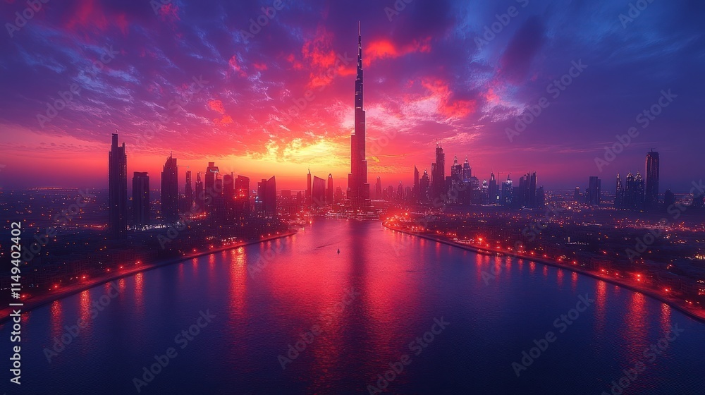 Fototapeta premium Dubai skyline, fiery sunset, water reflection.