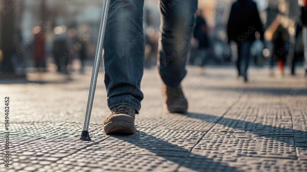 accessibility and friendly environment concept, Close-up of a blind man walking along a tactile tile with a can accessibility and friendly environment concept, Close-up of a blind man walking along a tactile tile with a can