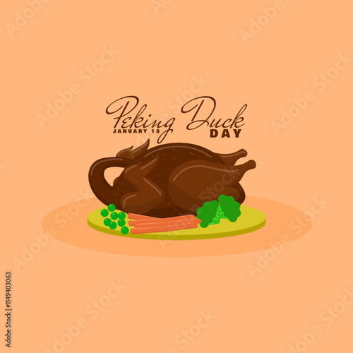 National Peking Duck Day to celebrate on January 18th. A Peking duck served on a wooden plate with pieces of carrot, broccoli and green beans. Food event 