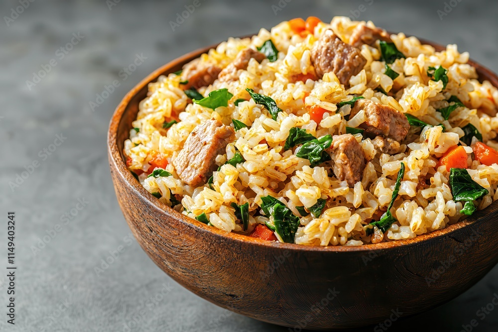 Slow cook enhances rice grains. Delicious rice bowl with vegetables and meat in a wooden bowl. Slow cook enhances rice grains. Delicious rice bowl with vegetables and meat in a wooden bowl.