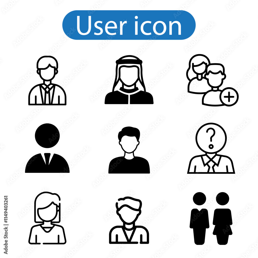 Standard User Icon Set with Men, Women, and Multiple People vector art illustration on white background.
Standard User Icon Set with Men, Women, and Multiple People vector art illustration on white background.
