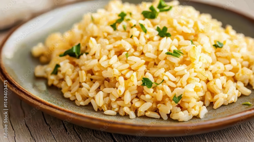Slow cook enhances rice grains. Delicious cooked rice garnished with herbs on a plate. Slow cook enhances rice grains. Delicious cooked rice garnished with herbs on a plate.