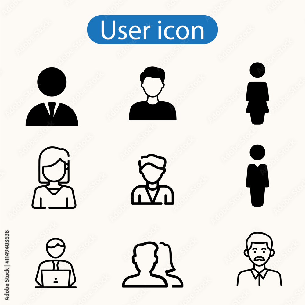 Standard User Icon Set with Men, Women, and Multiple People vector art illustration on white background.
Standard User Icon Set with Men, Women, and Multiple People vector art illustration on white background.