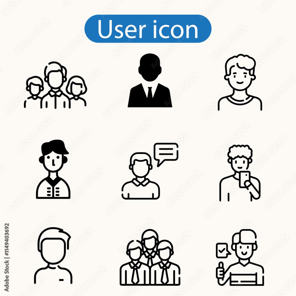 Standard User Icon Set with Men, Women, and Multiple People vector art illustration on white background.
Standard User Icon Set with Men, Women, and Multiple People vector art illustration on white background.