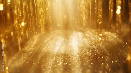 Golden light rays shining down on the ground  creating an enchanting and magical atmosphere. The background is dark with a blurred  golden dust particle background.