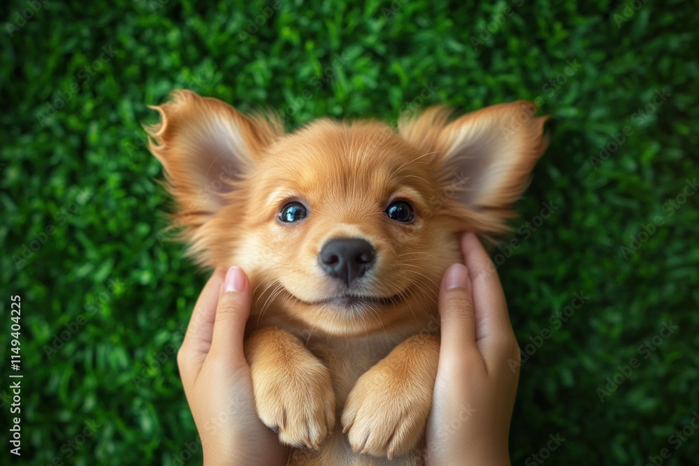 Adorable golden puppy held up smiling on a green lawn. Adorable golden puppy held up smiling on a green lawn.