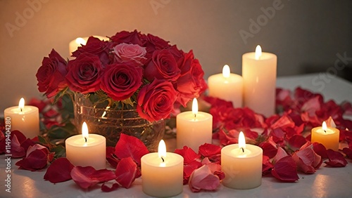 Valentine's Day background. Elegant Bouquet of Red Roses with Soft Candlelight background.