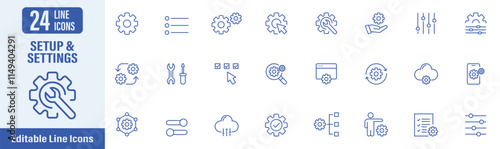 Setup and Setting web icons in line style. Setup, setting, options, configuration, preferences, adjustments, operation, gear, control panel, equalizer and more. Vector illustration.