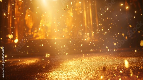 Golden light rays shining down on the ground, creating an enchanting and magical atmosphere. The background is dark with a blurred, golden dust particle background.