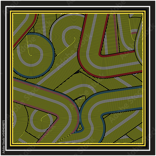 Abstract scarf pattern with intertwining lines in yellow, red, and green with a black background,  A geometric square pattern composed of colorful lines, forming an intricate and visually appealing