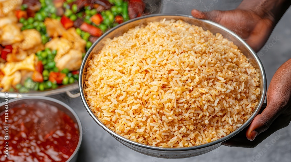 Slow cook enhances rice grains. A steaming bowl of rice served with colorful vegetables and sauce. Slow cook enhances rice grains. A steaming bowl of rice served with colorful vegetables and sauce.