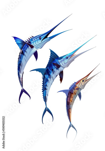 Three vibrant swordfish leaping, detailed illustration.