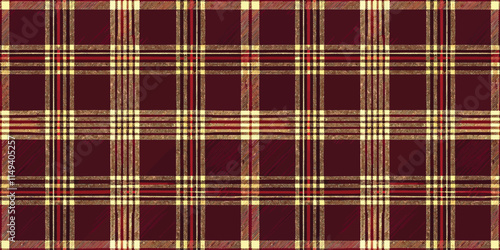 A rich maroon plaid pattern featuring gold and cream lines, creating a warm and inviting textile design.