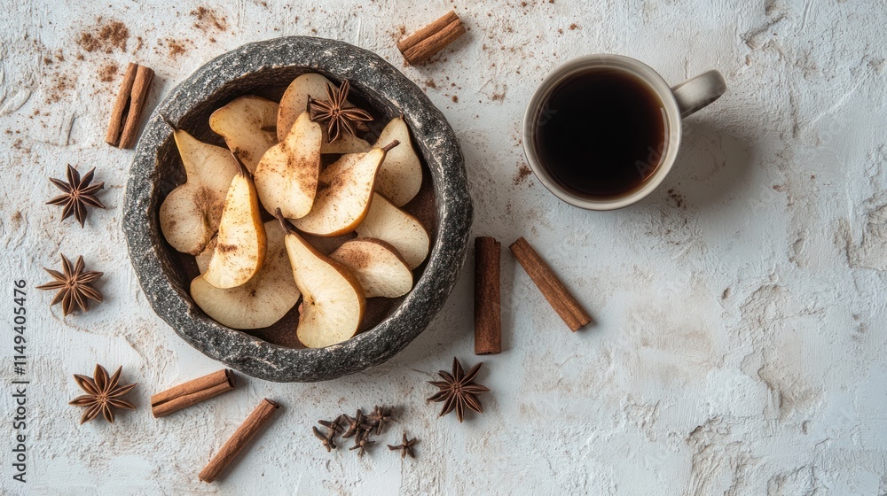 Pears, cinnamon, and star anise arranged with coffee. Pears, cinnamon, and star anise arranged with coffee.