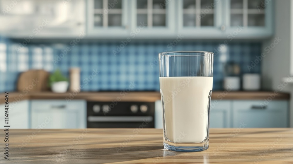 Fresh Milk in a Clear Glass on a Kitchen Table with Modern Decor Fresh Milk in a Clear Glass on a Kitchen Table with Modern Decor