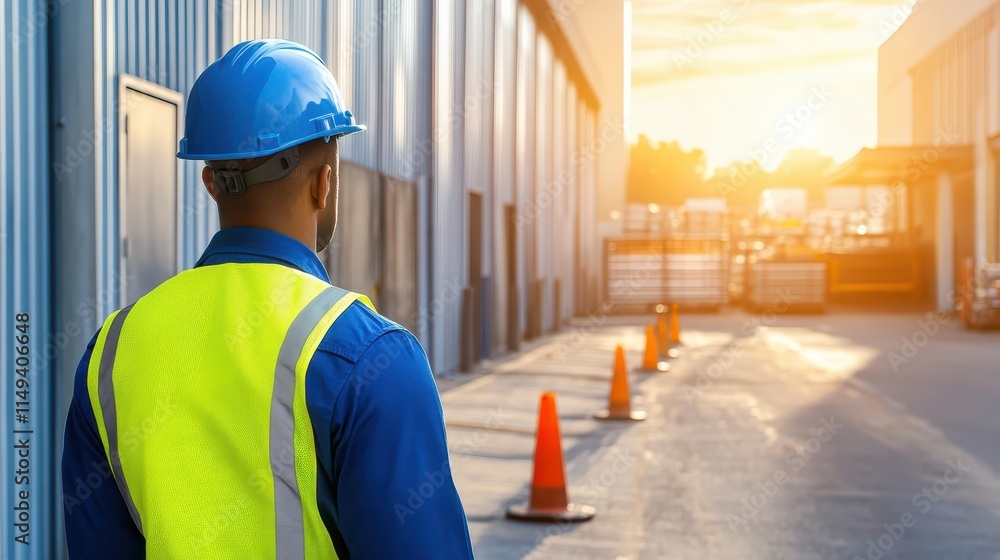 Construction site safety, man in hard hat and safety vest emphasizing workplace precautions gear Construction site safety, man in hard hat and safety vest emphasizing workplace precautions gear