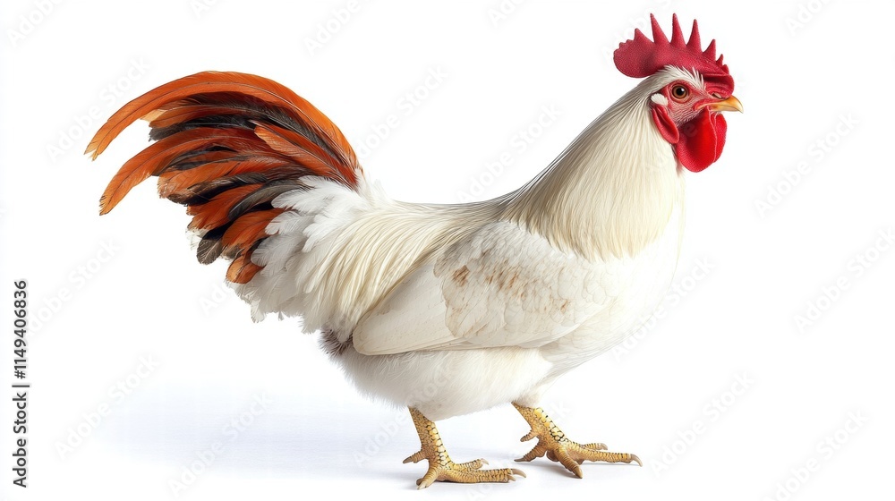 Fototapeta premium White Rooster with Red Comb Isolated on White Background