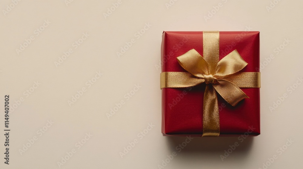 Elegant Red Gift Box with Gold Ribbon on Neutral Background Elegant Red Gift Box with Gold Ribbon on Neutral Background
