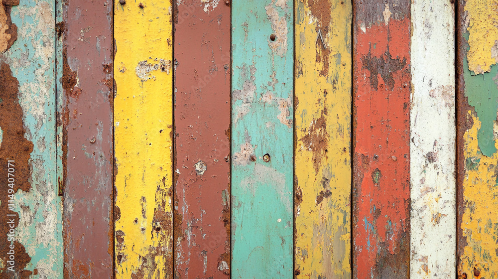 Colorful weathered wooden planks create a vibrant rustic backdrop in a sunny outdoor setting Colorful weathered wooden planks create a vibrant rustic backdrop in a sunny outdoor setting