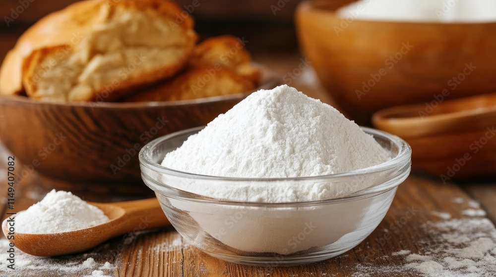 Baking soda in a transparent container, sitting next to a bowl of freshly mixed dough. Baking soda in a transparent container, sitting next to a bowl of freshly mixed dough.