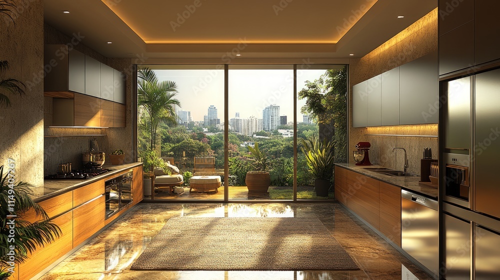 Fototapeta premium Modern kitchen, panoramic city view, wood and stone.
