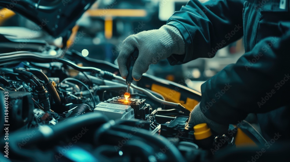 Technician Hands of car mechanic working repair in auto repair Service electric battery and Maintenance of car battery. Check the electrical system inside the car Technician Hands of car mechanic working repair in auto repair Service electric battery and Maintenance of car battery. Check the electrical system inside the car