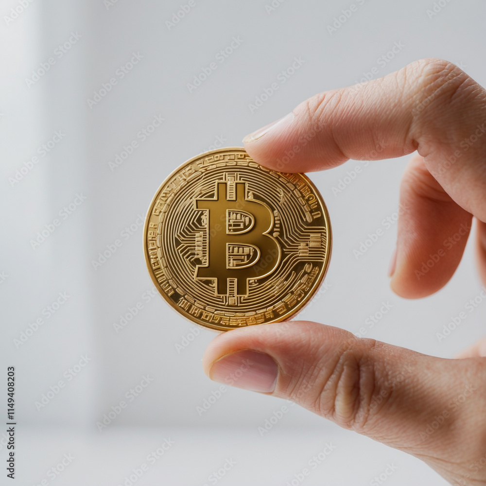 A close-up of a human hand holding a shiny gold Bitcoin coin between the thumb and forefinger. A close-up of a human hand holding a shiny gold Bitcoin coin between the thumb and forefinger.